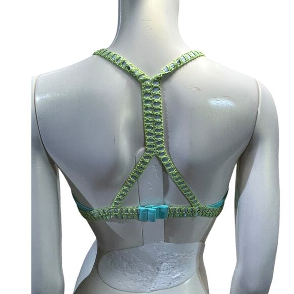 Victoria's Secret Teal Bikini Top Large Crochet Trim Racerback Turquoise Y-Back - Picture 3 of 11